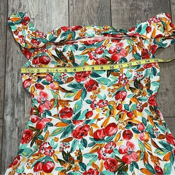 Forever 21 Watercolor Skater Floral Mini Dress Off Shoulder Green Red White L - Picture 12 of 13
